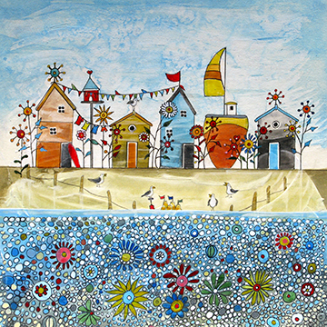 Beach Huts & Flowers, A Giclee Limited Edtion Print by Anya Simmons.