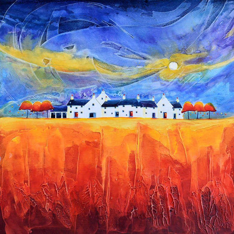 Dancing Moon Cottages 4. A mixed media original by Anya Simmons.